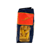 Vue latérale de l'emballage des Rigatoni Pastificio Di Martino 500g avec aperçu des pâtes à travers le film transparent.