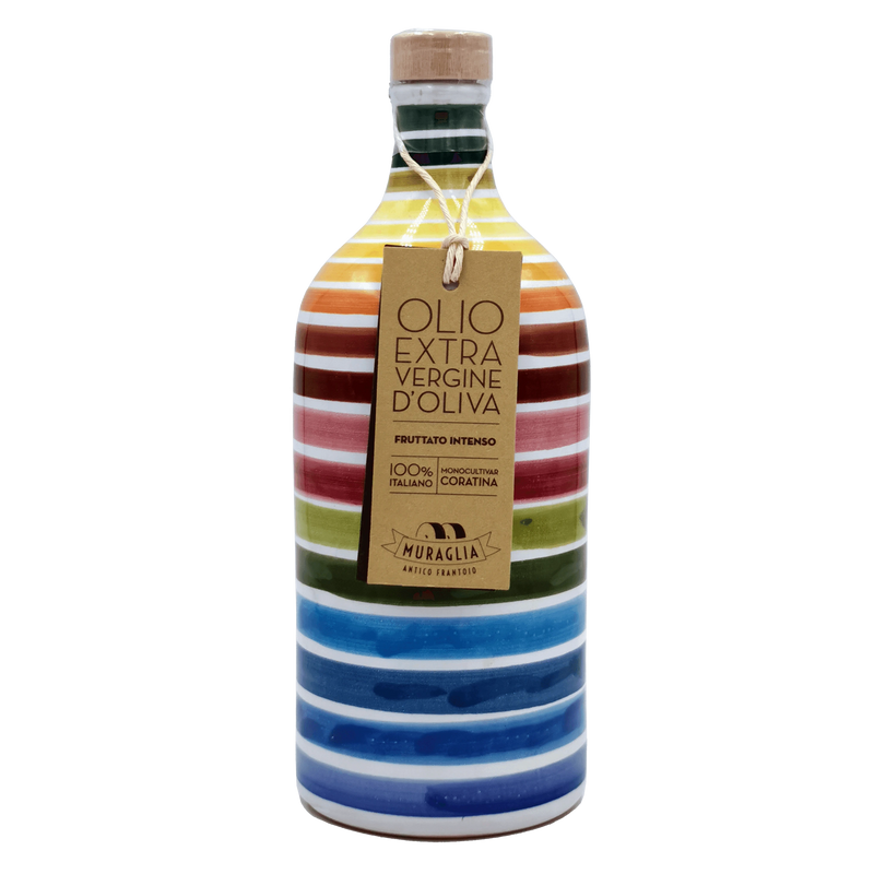 Bouteille en céramique de 50cl d'huile d'olive extra vierge Muraglia Fruttato Intenso, monoculture Coratina, 100% italienne.