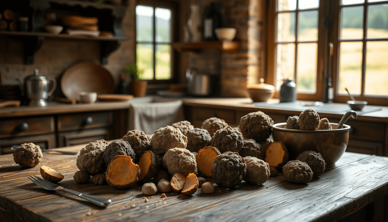 Truffes fraîches disposées sur une table rustique dans une cuisine traditionnelle, illustrant la qualité et la rareté des différentes variétés de truffes.