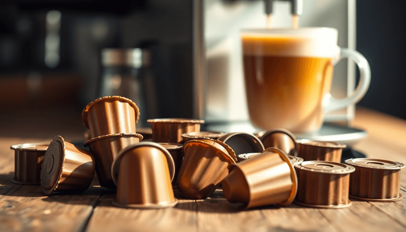 Capsules de café biodégradables sur une table en bois devant une tasse de café, représentant une alternative durable à Nespresso.