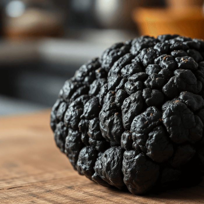 Truffe noire fraîche posée sur un plan de travail en cuisine