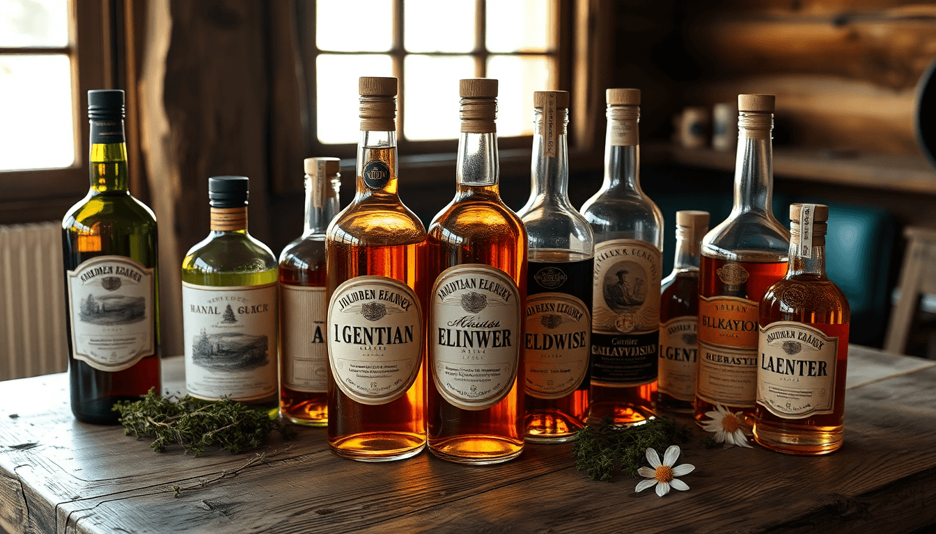 Bouteilles de liqueurs artisanales de montagne alignées sur une table en bois dans un chalet alpin ensoleillé.