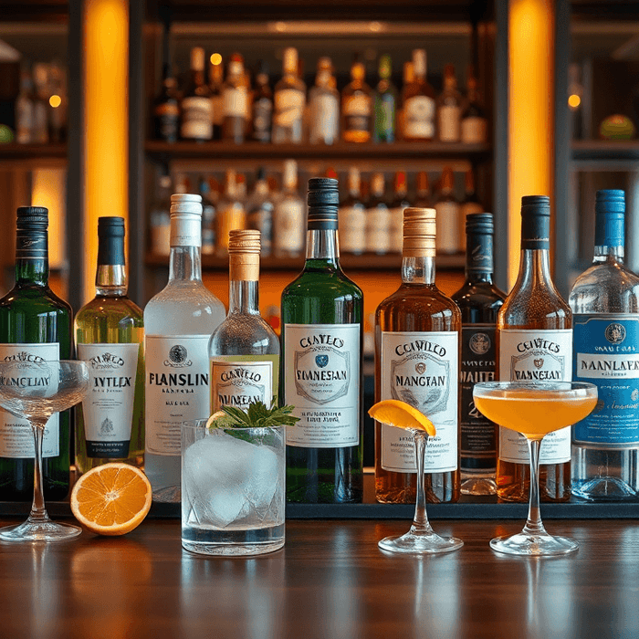 Sélection de spiritueux italiens sans alcool présentés sur un bar élégant, avec cocktails colorés et agrumes frais — la tendance mixologie signée EasyGusto.