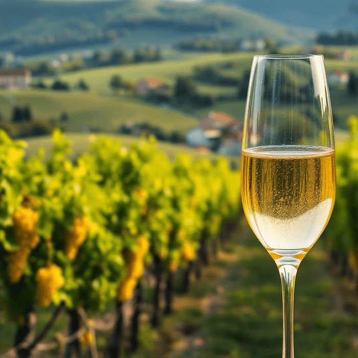 Flûte de Moscato d’Asti doré au cœur des vignes du Piémont, éclairée par la lumière naturelle, avec des grappes de raisin mûr en arrière-plan.