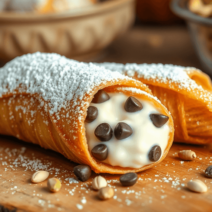 Cannoli siciliens traditionnels croustillants garnis de ricotta et décorés de pistaches, servis sur une assiette artisanale italienne.