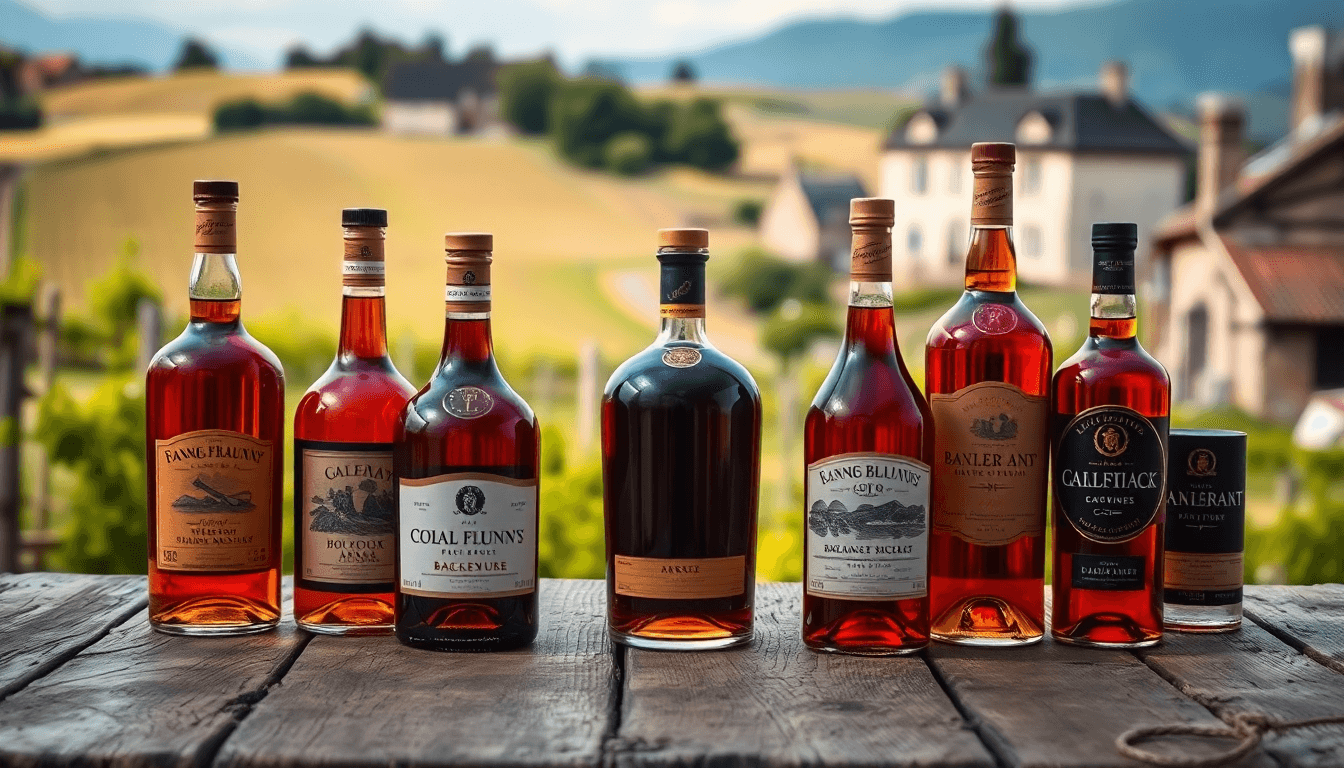 Sélection de liqueurs françaises emblématiques – Chartreuse, Grand Marnier, Bénédictine, Verveine du Velay et Menthe Pastille – sur fond de cave artisanale, symbole du savoir-faire du terroir français.