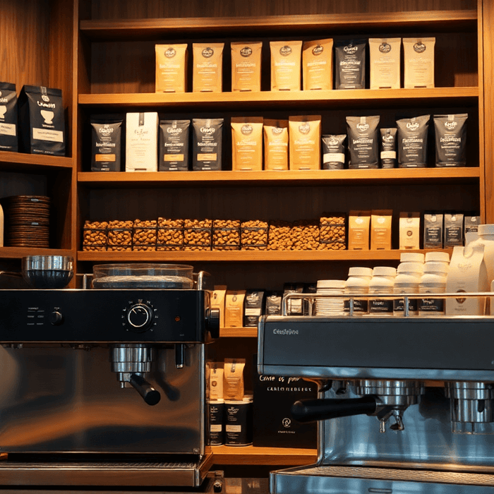 Machines à café professionnelles et étagères remplies de paquets de café en grain, illustrant les meilleures marques pour machine à grain.