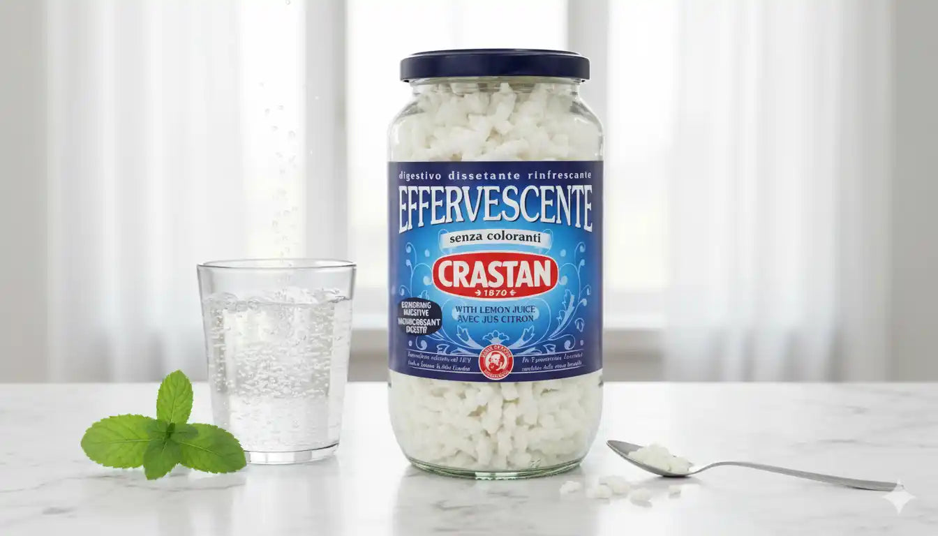 Pot de granulés Crastan Effervescents posé à côté d’un verre d’eau pétillante et de feuilles de menthe, remède digestif italien naturel.