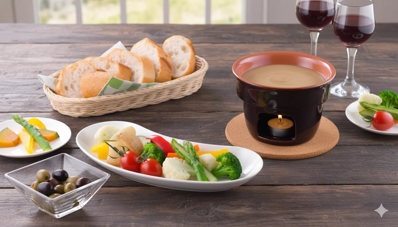 Bagna cauda piémontaise servie dans un récipient en terre cuite chauffé par une bougie, accompagnée de légumes de saison colorés, de tranches de pain, d’olives et de verres de vin rouge sur une table rustique.