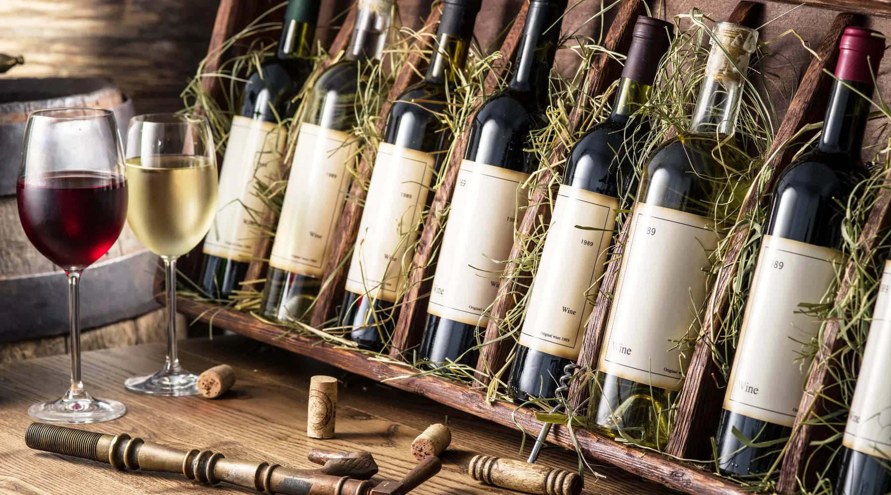 Coffret de bouteilles de vin rouge et blanc millésimé 1989 avec deux verres de dégustation, sur table en bois avec bouchons et accessoires d’œnologue