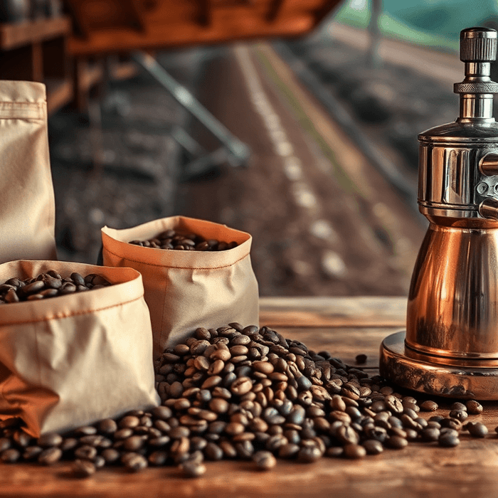 Sacs de café en grain et cafetière italienne sur une table en bois, illustrant la sélection du meilleur café pour expresso.