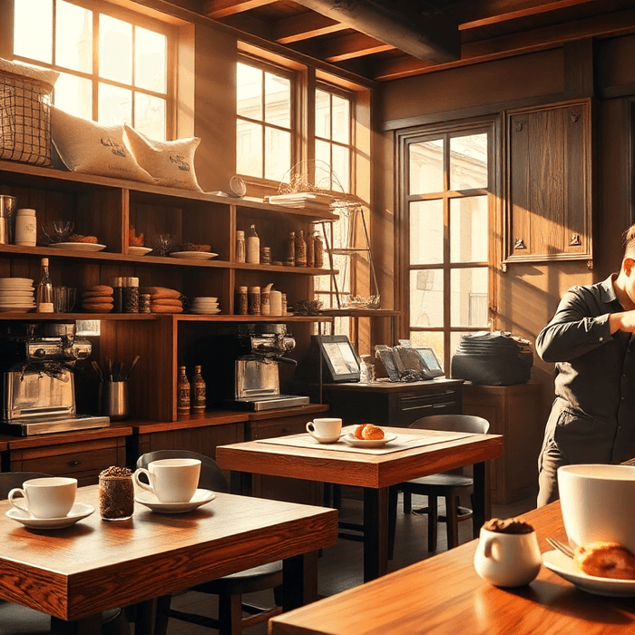 Café italien traditionnel baigné de lumière, avec barista préparant un expresso dans un café authentique en bois.