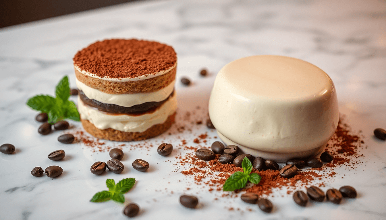 Desserts italiens : tiramisù et semifreddo traditionnels présentés sur une table avec cacao et café