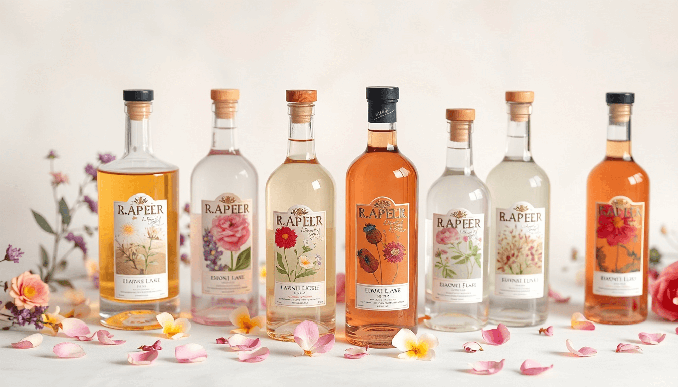 Sélection de liqueurs florales et botaniques italiennes EasyGusto — Italicus, Saint-Germain, violette, sureau et rose — présentées sur un fond élégant pour un voyage gustatif et olfactif raffiné.