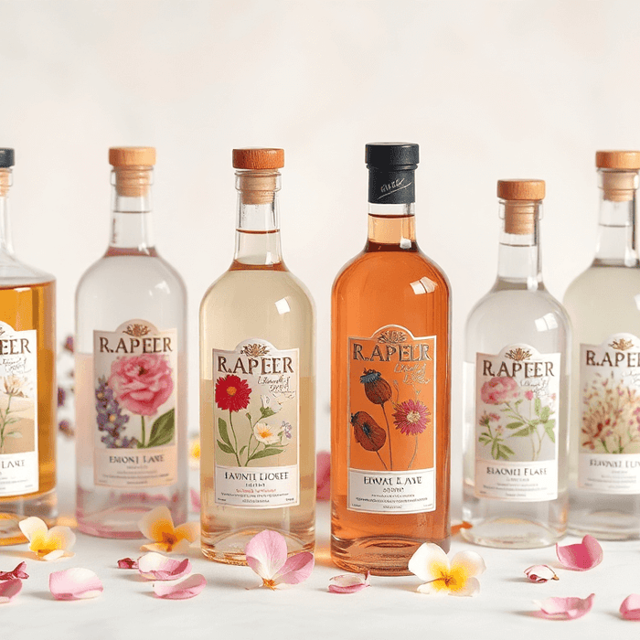 Sélection de liqueurs florales et botaniques italiennes EasyGusto — Italicus, Saint-Germain, violette, sureau et rose — présentées sur un fond élégant pour un voyage gustatif et olfactif raffiné.