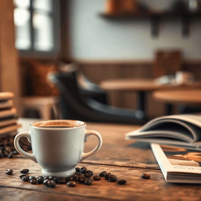 Tasse de café décaféiné sur une table en bois, entourée de grains de café et d’accessoires naturels, illustrant les bienfaits du café sans solvant.