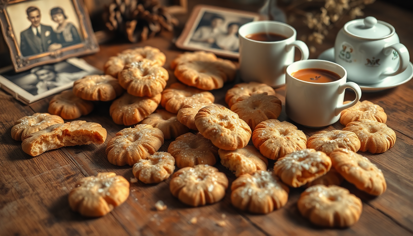 Biscuits italiens traditionnels disposés sur une table en bois avec deux tasses de café et des photos anciennes — ambiance nostalgique et gourmande rappelant les douceurs d’enfance.