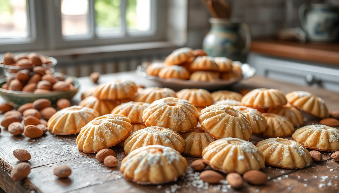Assortiment de biscuits italiens aux amandes — amaretti traditionnels dorés, présentés sur une table rustique en bois avec des amandes entières et un café italien — EasyGusto.fr