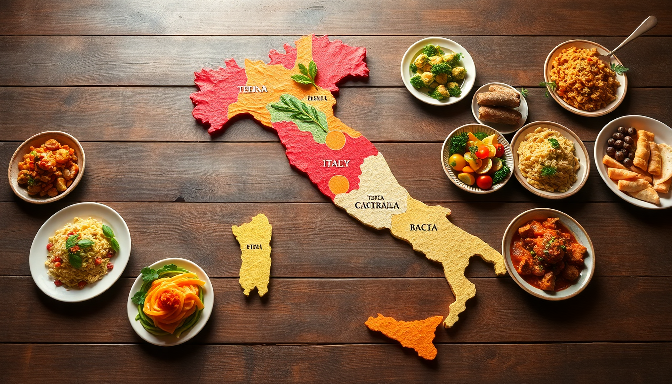 Carte colorée de l’Italie entourée de plats traditionnels représentant les spécialités régionales italiennes — pâtes, viandes, légumes et desserts — sur une table en bois, ambiance culinaire EasyGusto.fr