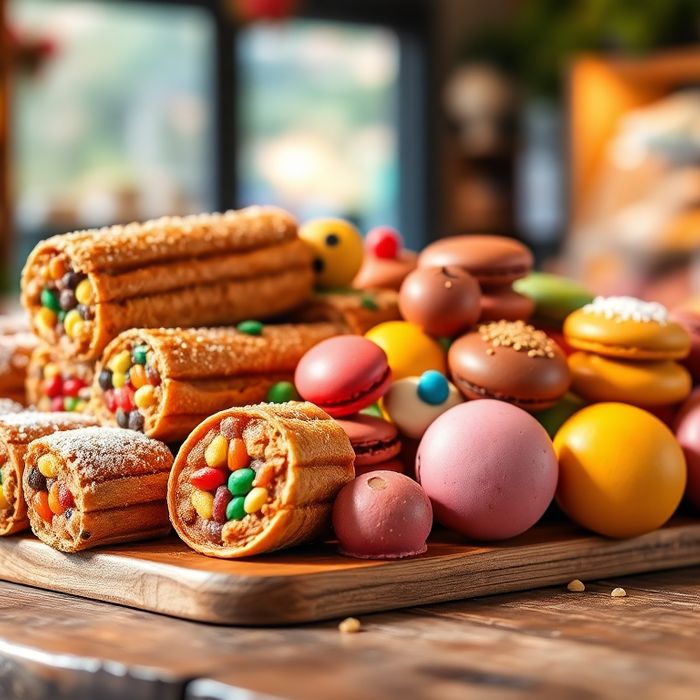 Assortiment de confiseries italiennes colorées disposées sur une planche en bois : cannoli, macarons et bonbons artisanaux dans une boutique italienne — EasyGusto.fr