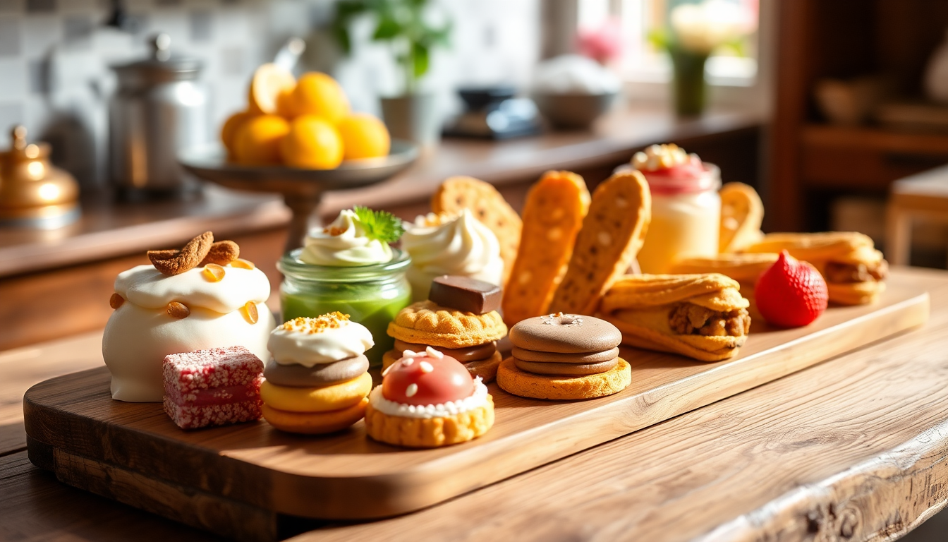 Assortiment de desserts italiens sans gluten — panna cotta, tiramisu, amaretti et cantucci revisités — disposés sur une planche en bois dans une cuisine ensoleillée, symbole de la douceur et de l’art pâtissier italien — EasyGusto.fr