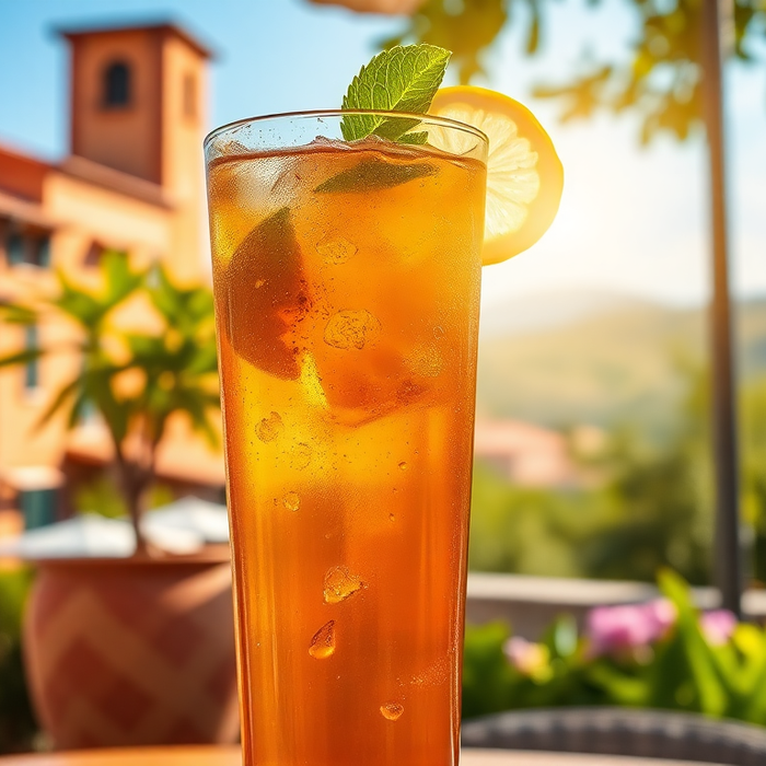 Verre de thé glacé Estathé Citron servi avec glaçons et tranche de citron dans un décor estival italien.