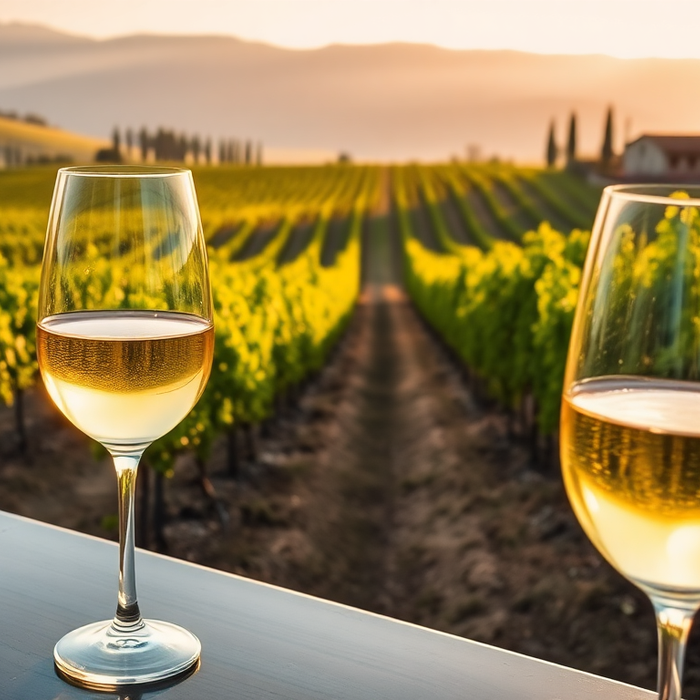 Deux verres de vin blanc italien posés sur une table face à un vignoble baigné de lumière au coucher du soleil, symbolisant la fraîcheur et l’élégance des vins d’été — EasyGusto.fr