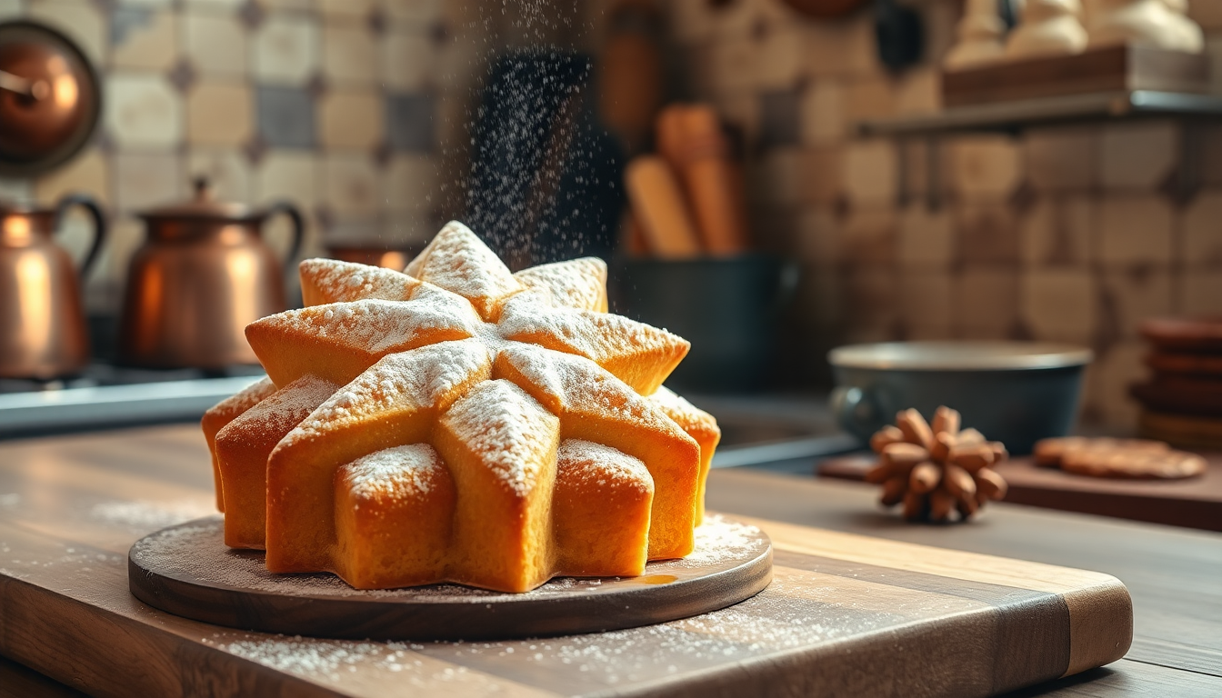 Pandoro italien artisanal en forme d’étoile, saupoudré de sucre glace dans une cuisine traditionnelle de Vérone