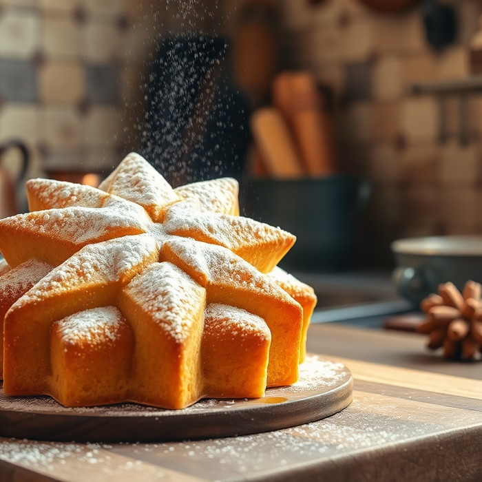 Pandoro italien artisanal en forme d’étoile, saupoudré de sucre glace dans une cuisine traditionnelle de Vérone