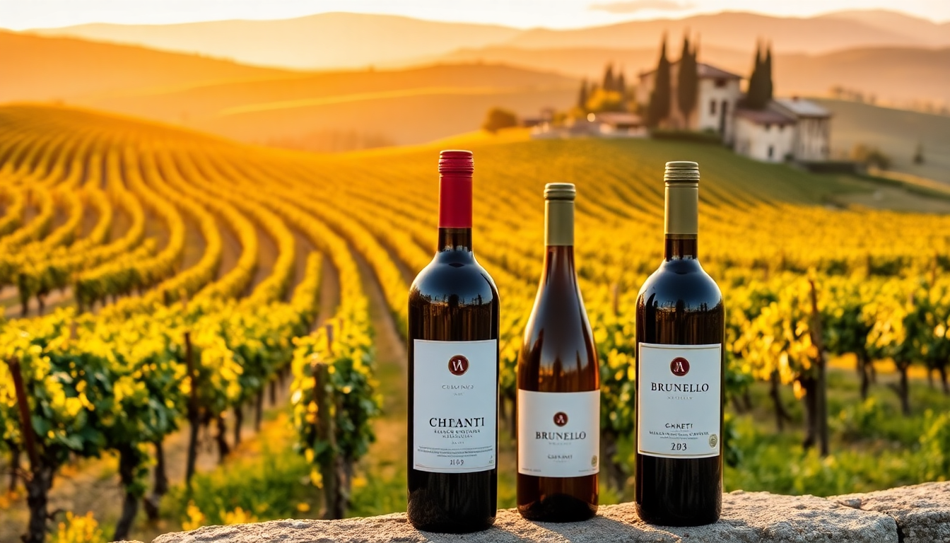 Trois bouteilles de vin toscan — Chianti et Brunello — posées sur un muret en pierre, avec en arrière-plan un vignoble doré au coucher du soleil en Toscane, illustrant l’élégance et la tradition viticole italienne — EasyGusto.fr
