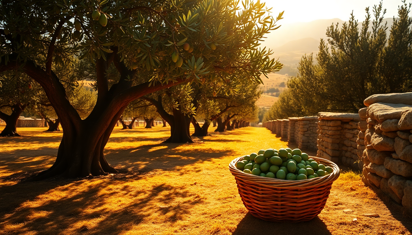 Panier d’olives vertes fraîchement récoltées dans une oliveraie sicilienne baignée de soleil au coucher du jour — EasyGusto.fr