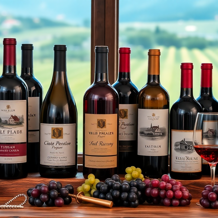 Collection de bouteilles de vins italiens alignées sur une table en bois, entourées de grappes de raisin et de verres de vin rouge, avec un vignoble en arrière-plan — EasyGusto.fr