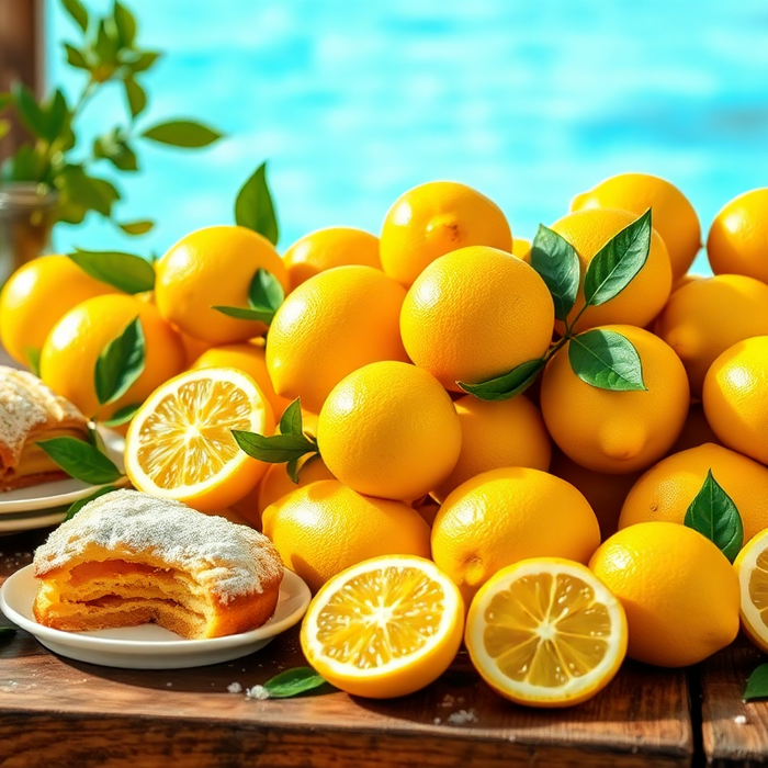 Citrons frais de Sicile sur table en bois avec pâtisseries au citron — spécialités siciliennes authentiques EasyGusto.fr