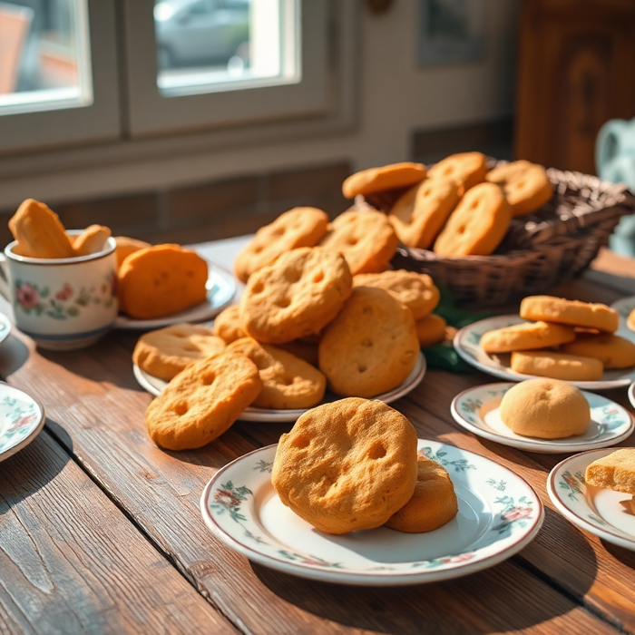 Assortiment de biscuits italiens de petit-déjeuner dorés sur une table en bois rustique, servis sur des assiettes en porcelaine dans une cuisine italienne ensoleillée — pâtisseries artisanales, EasyGusto.fr