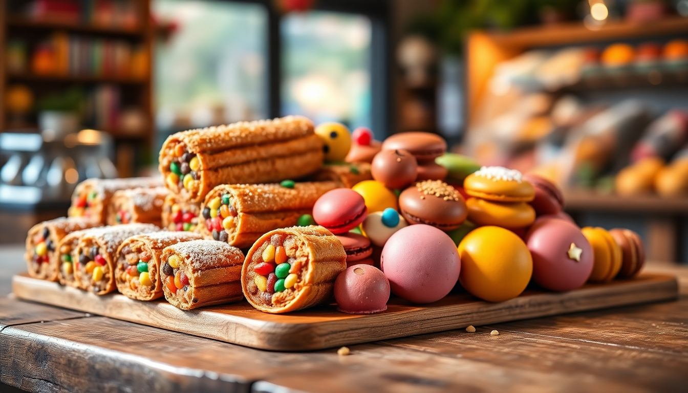 Assortiment de confiseries italiennes colorées disposées sur une planche en bois : cannoli, macarons et bonbons artisanaux dans une boutique italienne — EasyGusto.fr