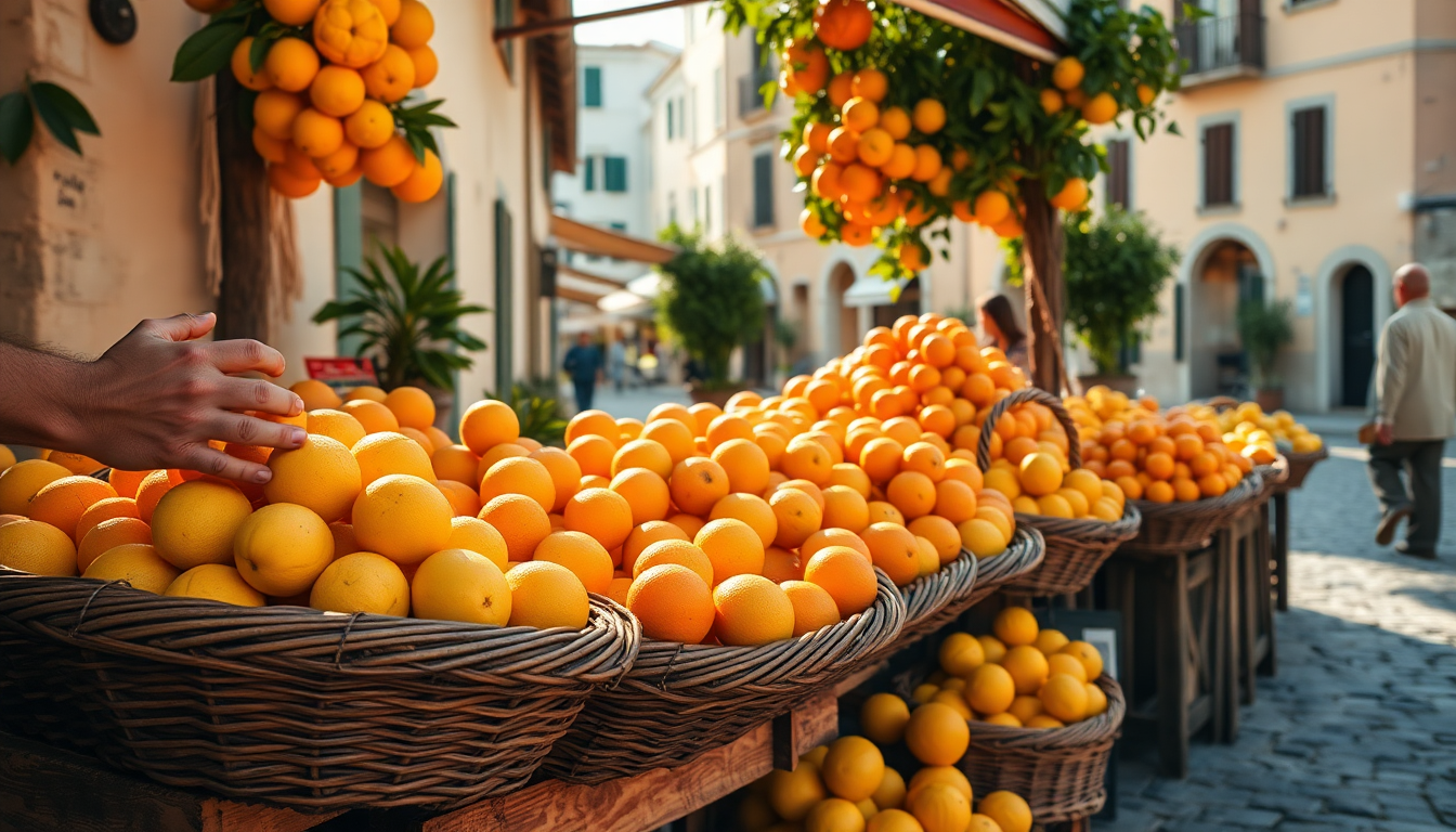 Étals de citrons et d’oranges sur un marché typique de la côte italienne, évoquant les saveurs méditerranéennes et les agrumes utilisés pour le limoncello et l’arancello.