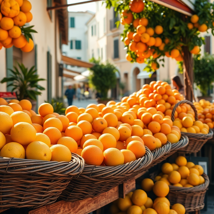 Étals de citrons et d’oranges sur un marché typique de la côte italienne, évoquant les saveurs méditerranéennes et les agrumes utilisés pour le limoncello et l’arancello.