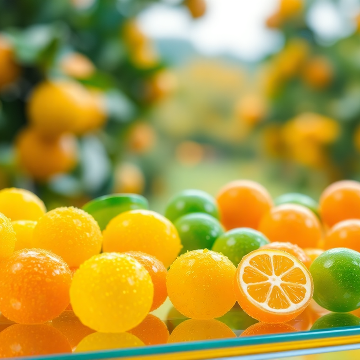 Bonbons italiens aux agrumes – citron, orange et citron vert, brillants et acidulés, présentés sur fond d’orangers EasyGusto.fr