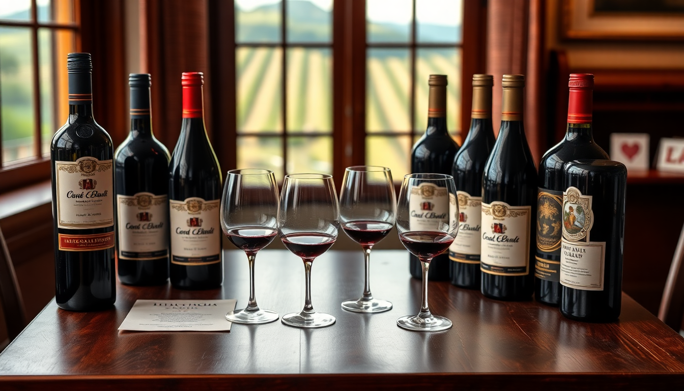 Sélection de bouteilles de vins rouges italiens et verres à dégustation posés sur une table en bois face à un vignoble — EasyGusto.fr