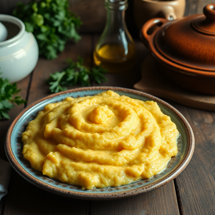 Bol de polenta italienne crémeuse garnie d’herbes fraîches, prête à être servie.
