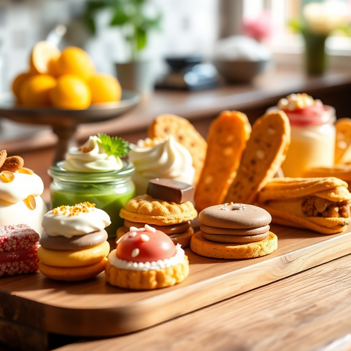 Assortiment de desserts italiens sans gluten — panna cotta, tiramisu, amaretti et cantucci revisités — disposés sur une planche en bois dans une cuisine ensoleillée, symbole de la douceur et de l’art pâtissier italien — EasyGusto.fr