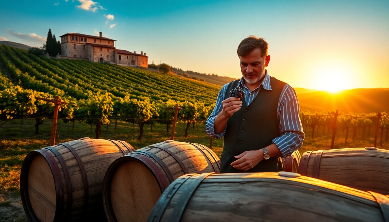 Vigneron italien dégustant un verre de vin devant des fûts de chêne au coucher du soleil, dans un vignoble toscan avec un domaine viticole en arrière-plan — EasyGusto.fr