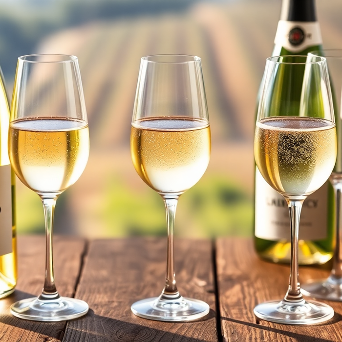 Dégustation de vins mousseux italiens : verres de Prosecco, Asti et Franciacorta sur une table en bois avec vignoble en arrière-plan — EasyGusto.fr