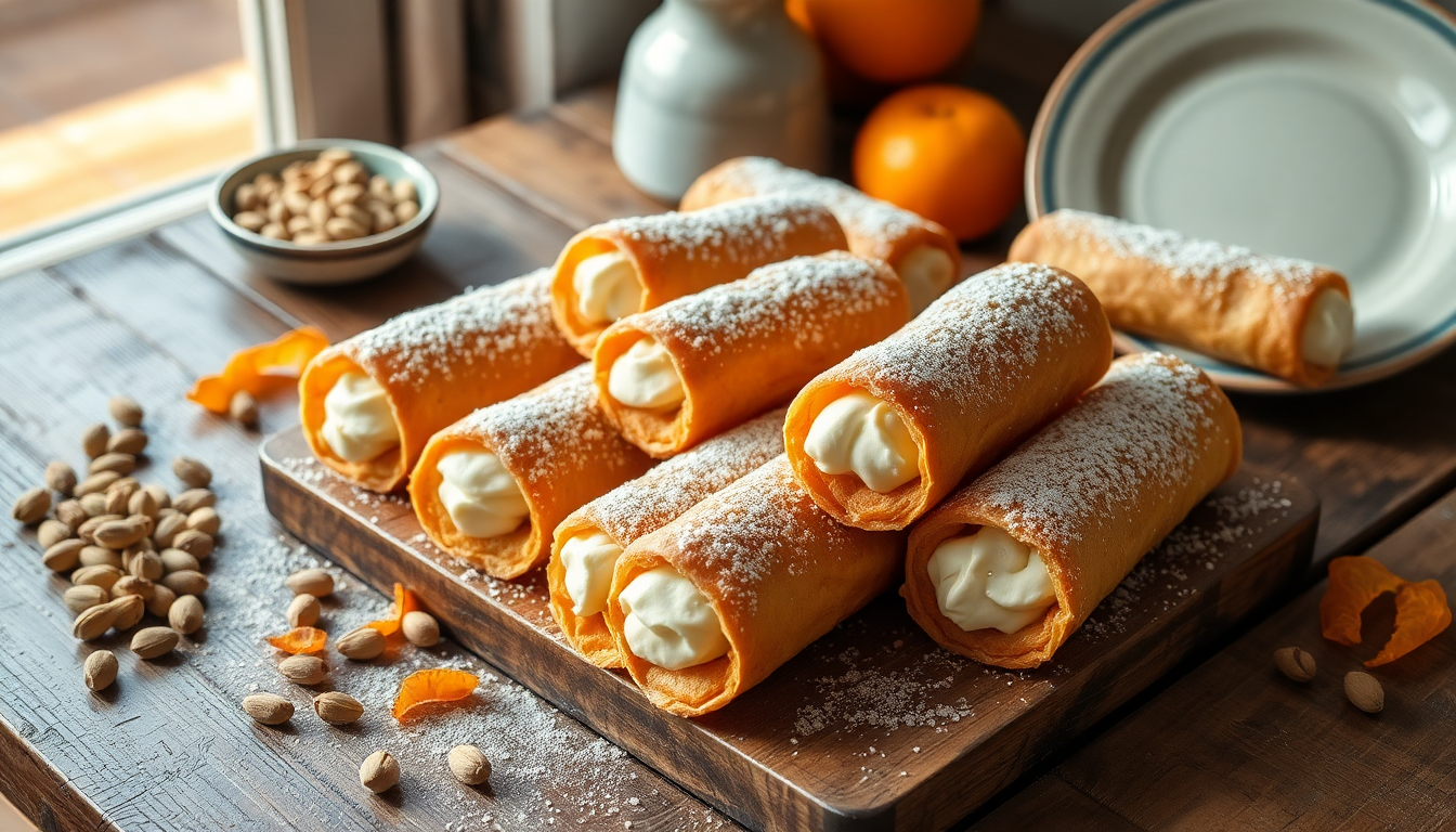 Cannoli siciliens traditionnels garnis de crème à la ricotta et saupoudrés de sucre glace, servis sur une assiette blanche dans un style artisanal.