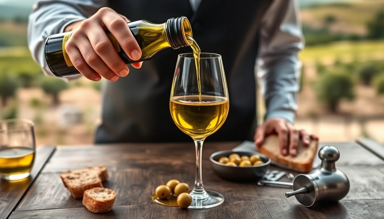 Dégustation d’huile d’olive italienne : un sommelier verse de l’huile dorée dans un verre à vin sur une table en bois, entourée d’olives, de pain et d’un paysage méditerranéen — EasyGusto.fr