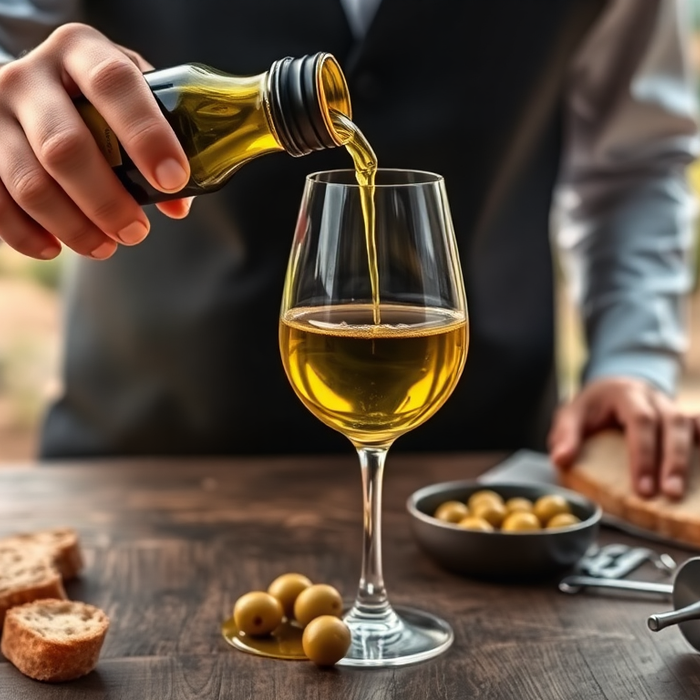 Dégustation d’huile d’olive italienne : un sommelier verse de l’huile dorée dans un verre à vin sur une table en bois, entourée d’olives, de pain et d’un paysage méditerranéen — EasyGusto.fr