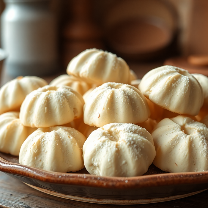Biscuits Amaretti italiens moelleux aux amandes, saupoudrés de sucre glace, présentés sur une table rustique en bois.