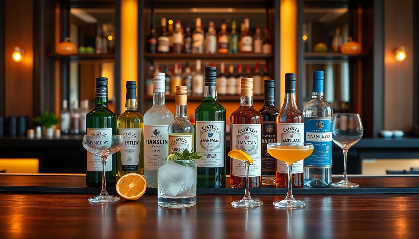Sélection de spiritueux italiens sans alcool présentés sur un bar élégant, avec cocktails colorés et agrumes frais — la tendance mixologie signée EasyGusto.