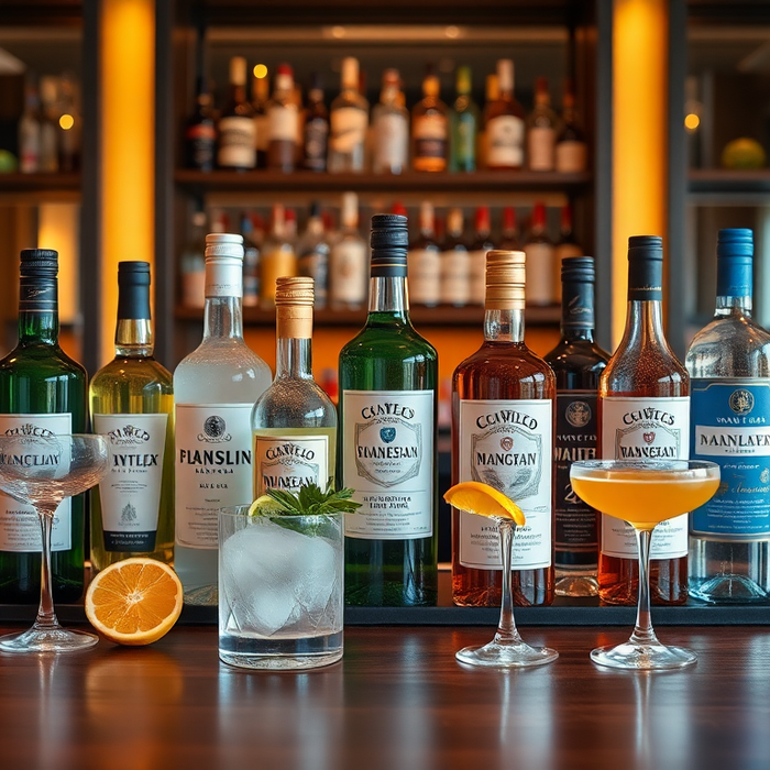 Sélection de spiritueux italiens sans alcool présentés sur un bar élégant, avec cocktails colorés et agrumes frais — la tendance mixologie signée EasyGusto.