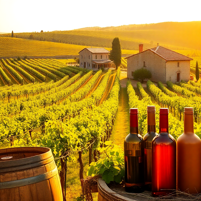 Vignoble ensoleillé des Pouilles au coucher du soleil, avec des bouteilles de vin rouge et rosé posées sur un tonneau, symbolisant la richesse du Primitivo italien — EasyGusto.fr